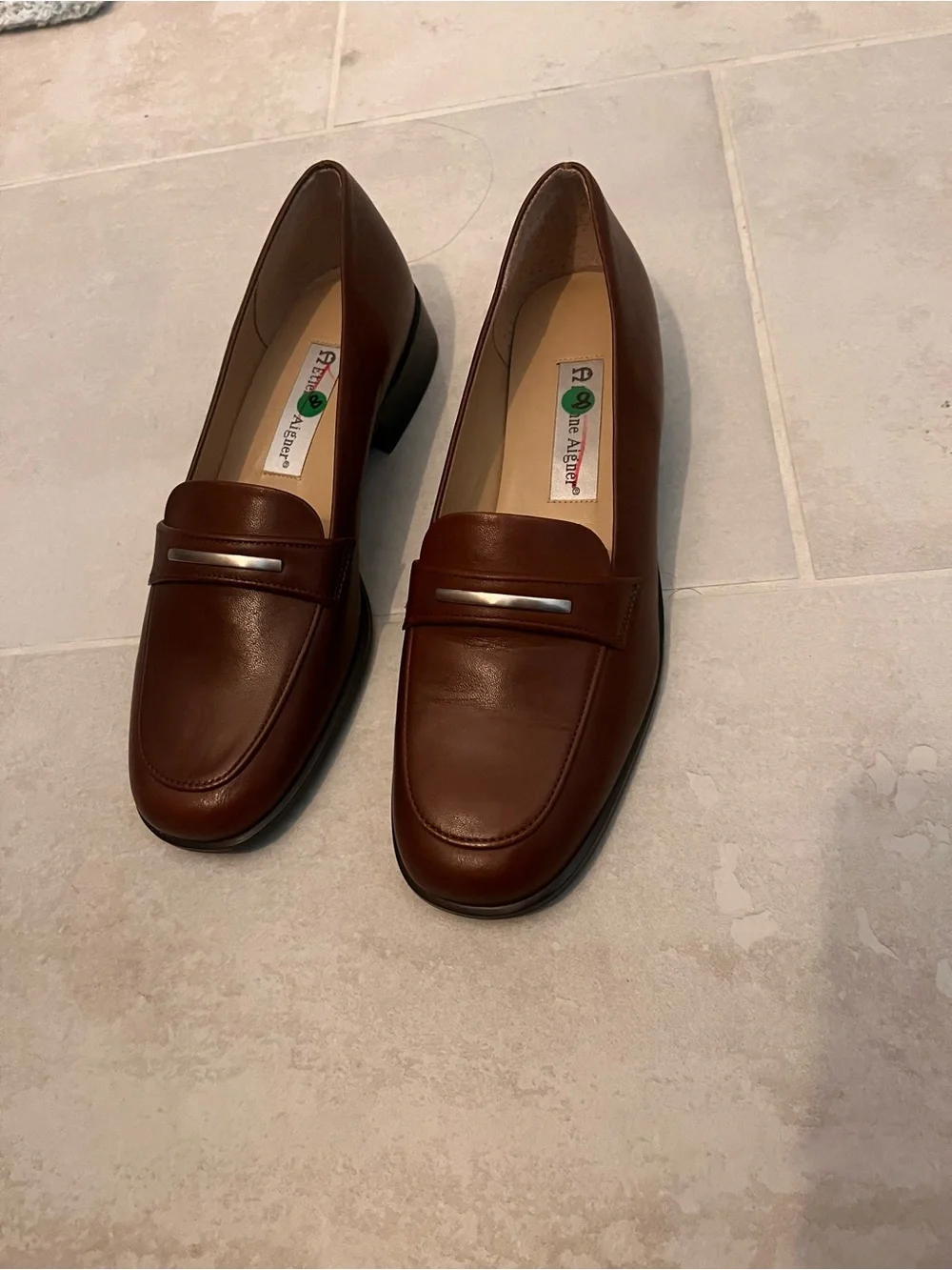 Etienne Aigner Brown Leather Penny Loafers with Silver Accent 8